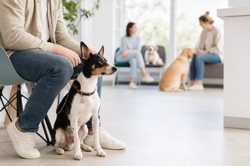 Perro Ratonero Bodeguero sitzt ruhig neben seinem Besitzer im hellen Wartezimmer einer modernen Tierarztpraxis.